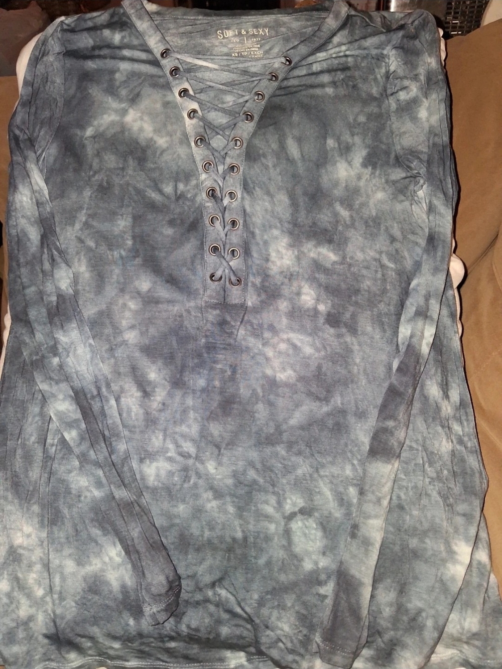 American Eagle Outfitters Blue Tie-Dye Lace-Up Long Sleeve Top